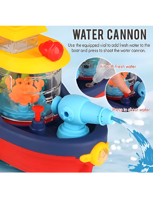 Blue Musical Water Spray Ship Bath Toy for Toddlers with 3D Lights, Moving Gears & Automatic Water Cannon – Kids Bathtub & Pool Toy LMI15766