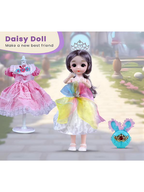 Daisy Princess Doll Fashion Set, 12-Piece Toy with Rainbow Dress & Pink Ballgown, Tiara, Shoes & Vanity Accessories – Girls Princess Doll Gift for Ages 3+ NX13116.