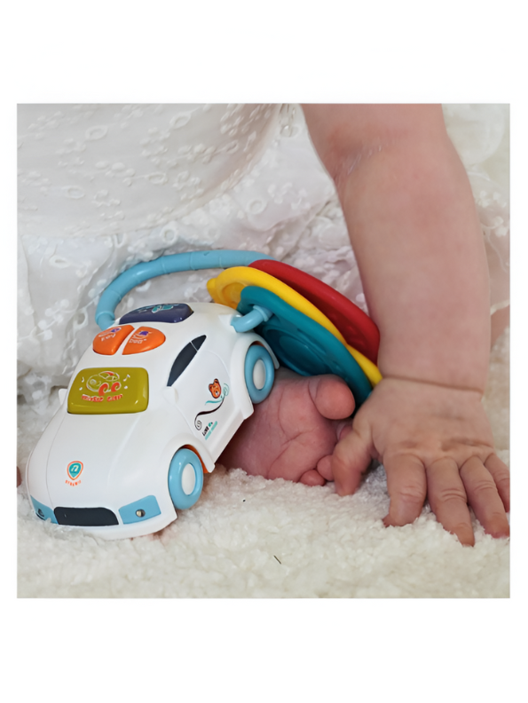 Musical Toy Car Keys for Babies and Toddlers - Interactive Smart Remote Keychain with Sounds, Lights, and Textured Teethers - Sensory Learning Toy Set (Blue & White) NX13784
