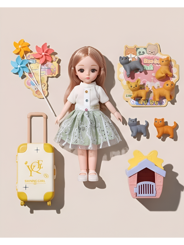 Cindy Windy "Shining Girl" Travel Fashion Doll & Pet Playset with Suitcase and Kittens NX16707