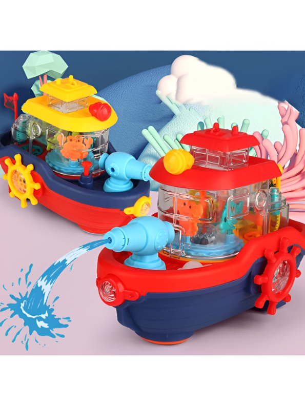 Blue Musical Water Spray Ship Bath Toy for Toddlers with 3D Lights, Moving Gears & Automatic Water Cannon – Kids Bathtub & Pool Toy LMI15766