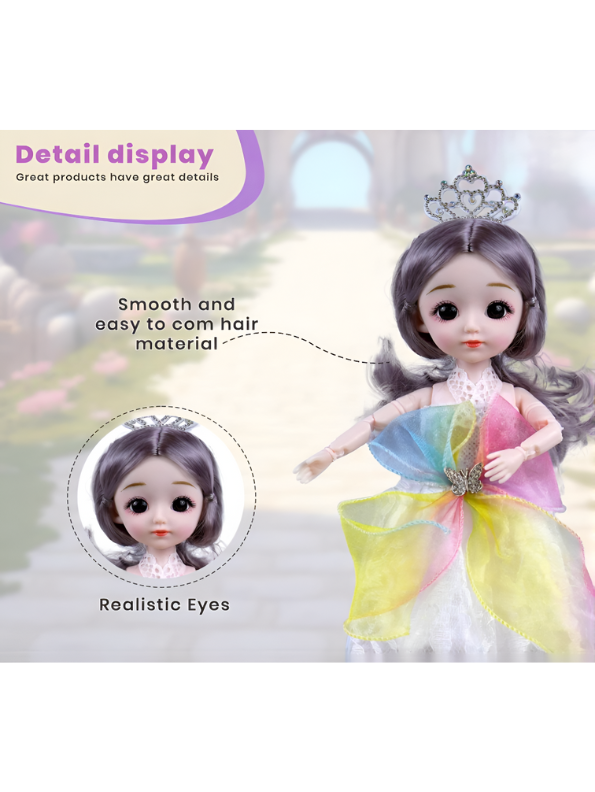 Daisy Princess Doll Fashion Set, 12-Piece Toy with Rainbow Dress & Pink Ballgown, Tiara, Shoes & Vanity Accessories – Girls Princess Doll Gift for Ages 3+ NX13116.