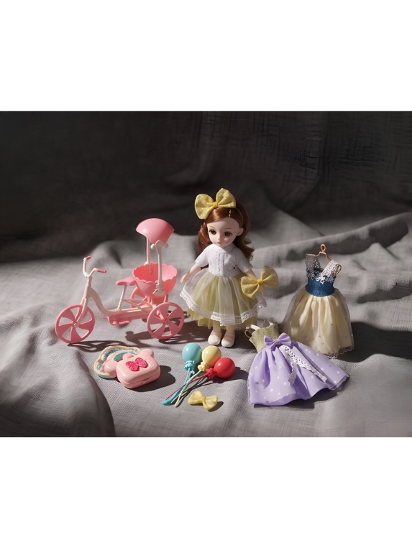 Cherry "Shining Girl" Fashion Doll Set – Includes Pink Balloon Tricycle, Changeable Outfits, and Miniature Ice Cream Play Accessories NX16691