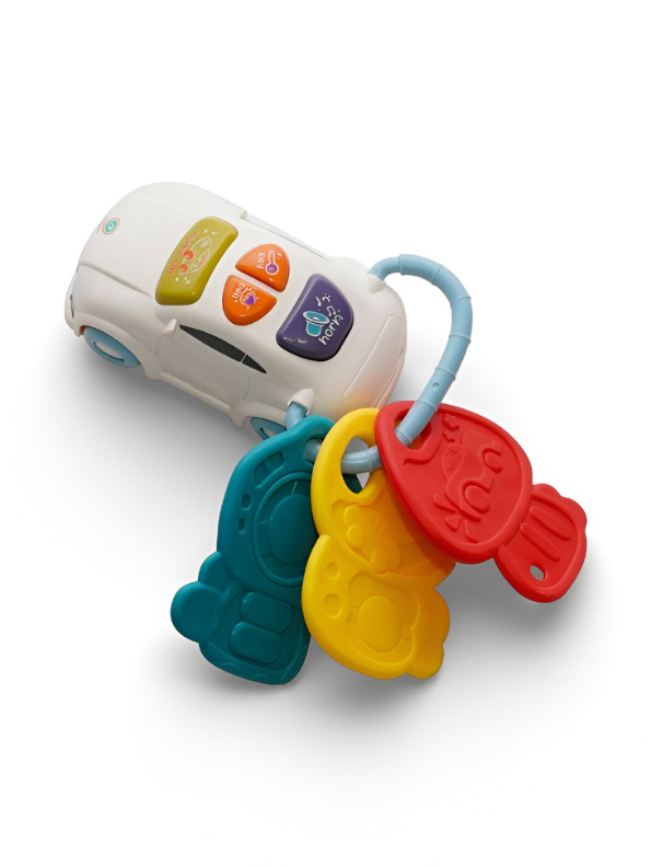 Musical Toy Car Keys for Babies and Toddlers - Interactive Smart Remote Keychain with Sounds, Lights, and Textured Teethers - Sensory Learning Toy Set (Blue & White) NX13784