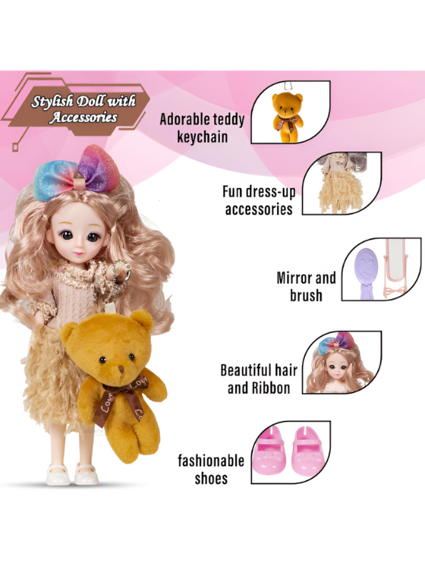 Pretty Girl Doll Playset for Kids – 12-Inch Fashion Doll with Mannequin Dress, Plush Bear, and Vanity Accessories NX13119