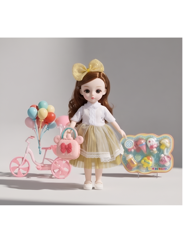 Cherry "Shining Girl" Fashion Doll Set – Includes Pink Balloon Tricycle, Changeable Outfits, and Miniature Ice Cream Play Accessories NX16691