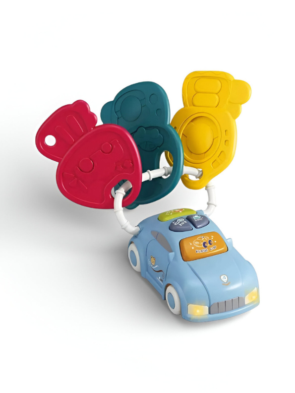 Musical Toy Car Keys for Babies and Toddlers - Interactive Smart Remote Keychain with Sounds, Lights, and Textured Teethers - Sensory Learning Toy Set (Blue & White) NX13784
