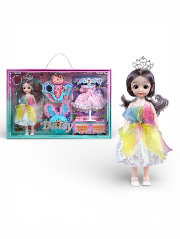 Daisy Princess Doll Fashion Set, 12-Piece Toy with Rainbow Dress & Pink Ballgown, Tiara, Shoes & Vanity Accessories – Girls Princess Doll Gift for Ages 3+ NX13116.
