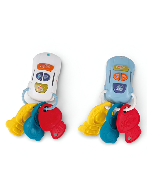 Musical Toy Car Keys for Babies and Toddlers - Interactive Smart Remote Keychain with Sounds, Lights, and Textured Teethers - Sensory Learning Toy Set (Blue & White) NX13784