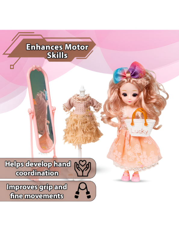 Pretty Girl Doll Playset for Kids – 12-Inch Fashion Doll with Mannequin Dress, Plush Bear, and Vanity Accessories NX13119