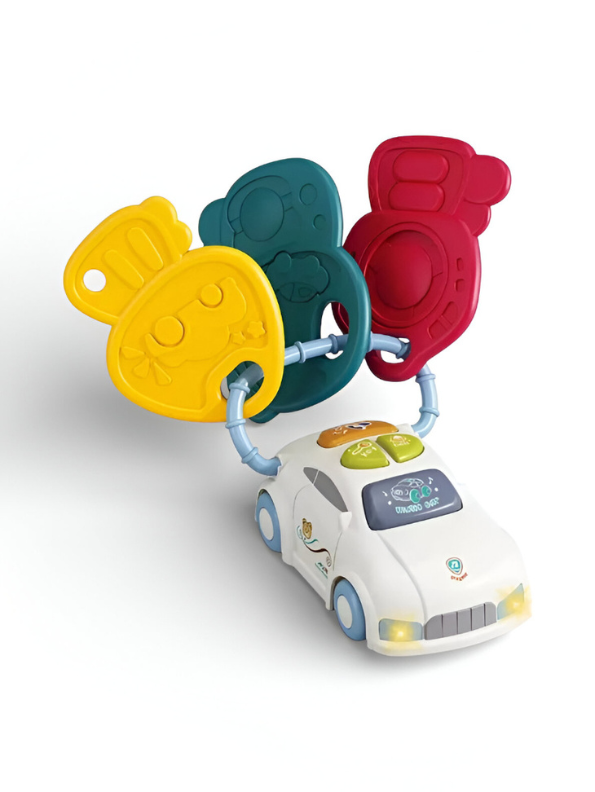 Musical Toy Car Keys for Babies and Toddlers - Interactive Smart Remote Keychain with Sounds, Lights, and Textured Teethers - Sensory Learning Toy Set (Blue & White) NX13784