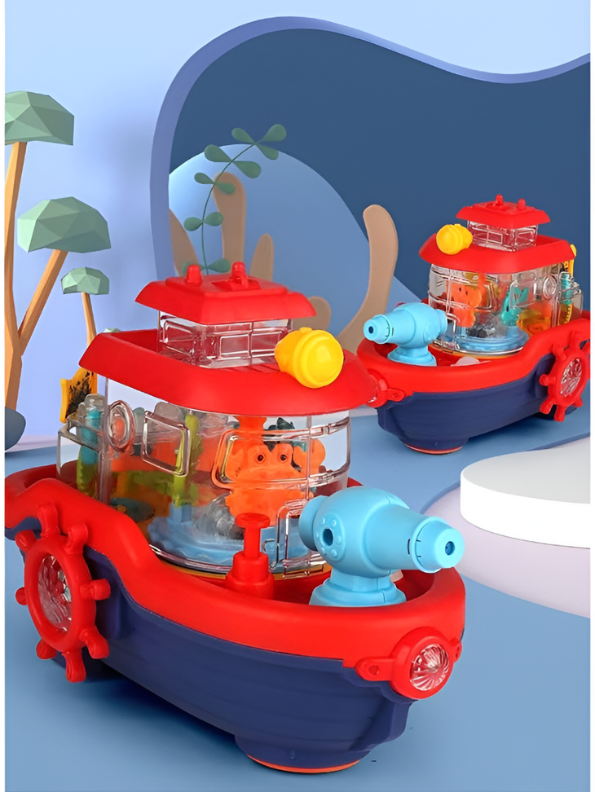 Blue Musical Water Spray Ship Bath Toy for Toddlers with 3D Lights, Moving Gears & Automatic Water Cannon – Kids Bathtub & Pool Toy LMI15766