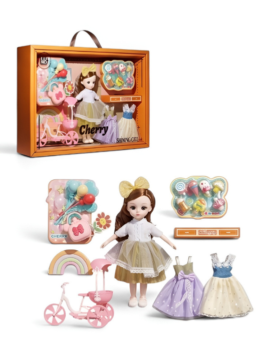 Cherry "Shining Girl" Fashion Doll Set – Includes Pink Balloon Tricycle, Changeable Outfits, and Miniature Ice Cream Play Accessories NX16691