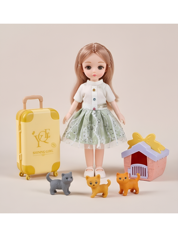 Cindy Windy "Shining Girl" Travel Fashion Doll & Pet Playset with Suitcase and Kittens NX16707