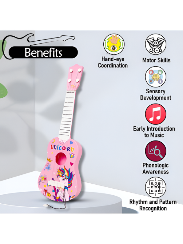 Guitar with 4 Adjustable Strings – Pink Unicorn Small Ukulele Musical Instrument for Toddlers and Beginners, Educational Music Learning Toy for Girls and Boys Ages 3+ LMI14888