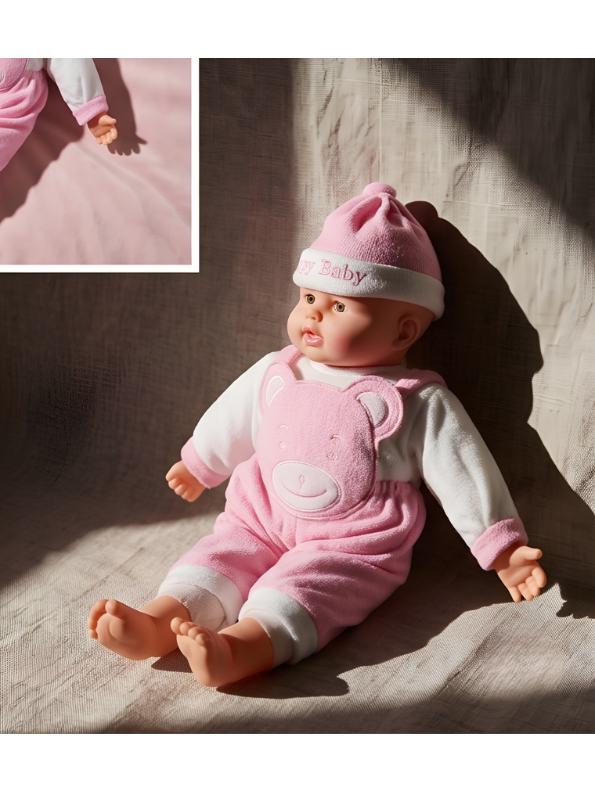 Realistic Soft Body Baby Doll in Pink Teddy Bear Dungarees and Hat | Lifelike Newborn Toy with Sound Effects for Toddlers LMI7913