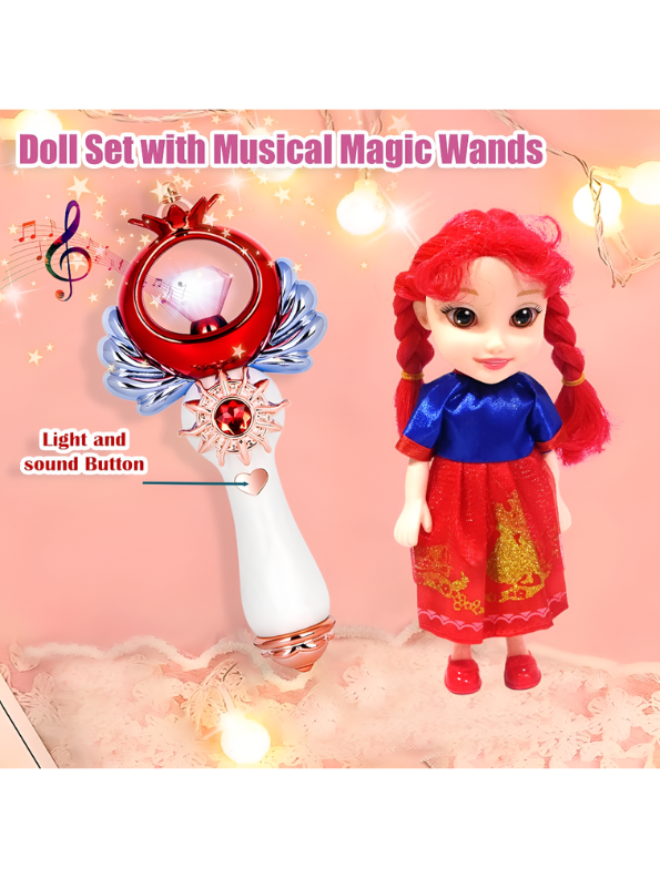 Magical Princess Doll Set with Musical Light-Up Wand | Fairy Tale Pretend Play Toy for Girls, Red Hair Doll | Best Gift for Kids Ages 3+ LMI13756
