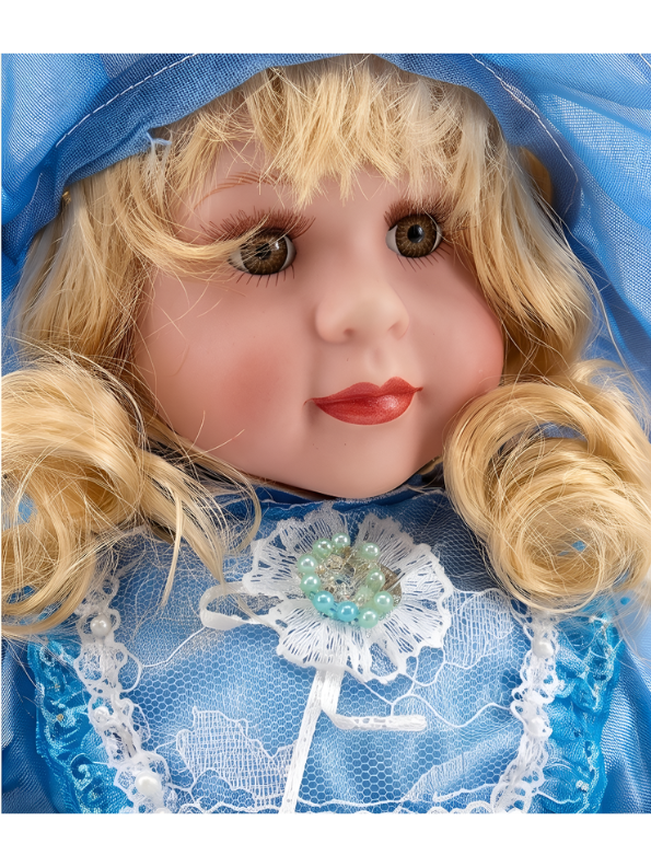 Porcelain Doll in Elegant Blue Dress and Bonnet – Vintage-Style Sitting Ceramic Doll with Blonde Curls and Pink Boots For Kids LMI7707