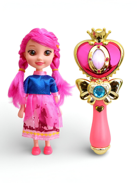Magical Princess Doll Set with Musical Light-Up Wand | Fairy Tale Pretend Play Toy for Girls, Pink Hair Doll | Best Gift for Kids Ages 3+ LMI13756