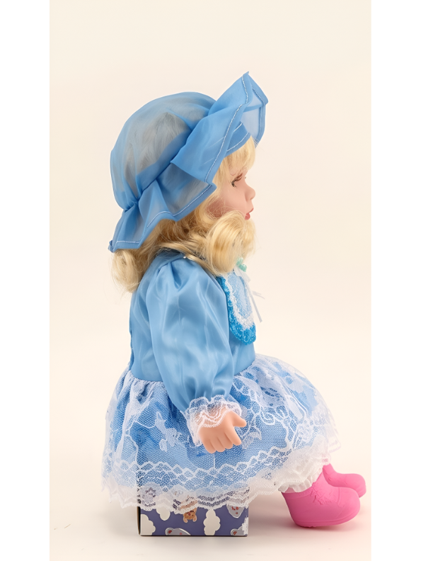 Porcelain Doll in Elegant Blue Dress and Bonnet – Vintage-Style Sitting Ceramic Doll with Blonde Curls and Pink Boots For Kids LMI7707