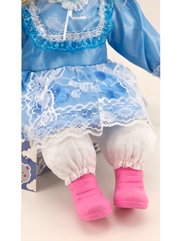 Porcelain Doll in Elegant Blue Dress and Bonnet – Vintage-Style Sitting Ceramic Doll with Blonde Curls and Pink Boots For Kids LMI7707
