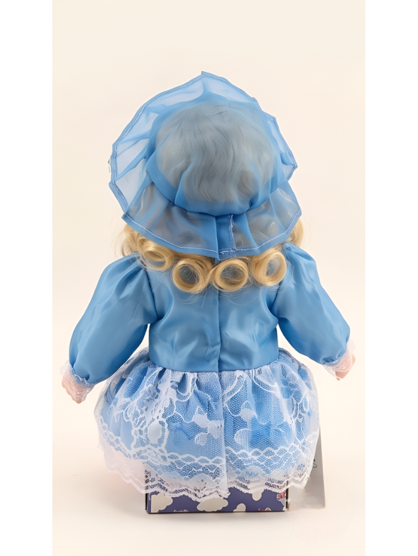 Porcelain Doll in Elegant Blue Dress and Bonnet – Vintage-Style Sitting Ceramic Doll with Blonde Curls and Pink Boots For Kids LMI7707