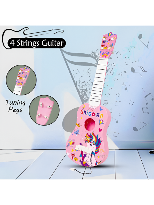 Guitar with 4 Adjustable Strings – Pink Unicorn Small Ukulele Musical Instrument for Toddlers and Beginners, Educational Music Learning Toy for Girls and Boys Ages 3+ LMI14888