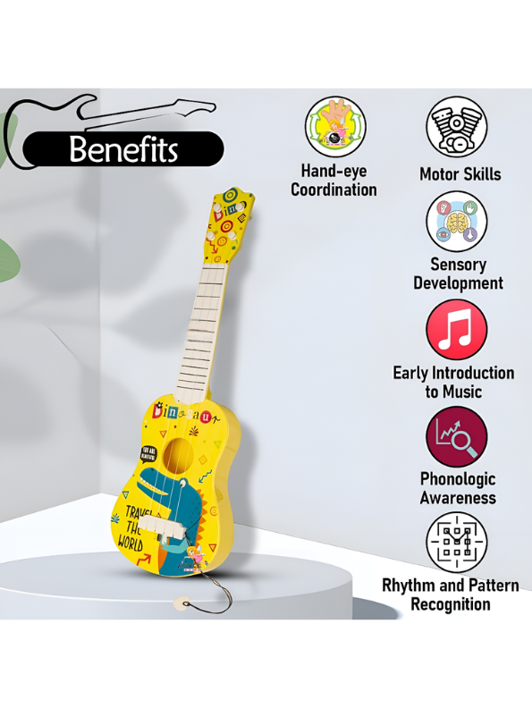 Dinosaur Toy Guitar for Kids – 4-String Mini Ukulele Musical Instrument with Pick, Durable ABS Plastic, Safe Rounded Edges Early Learning Educational Toy for Toddlers LMI14888