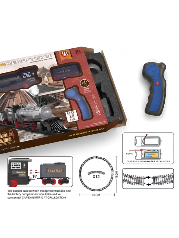 Vintage Remote Control Steam Train Set with Tracks – Battery Operated Toy Train with Locomotive Engine, Cargo Car, and 15-Piece Circular Track for Kids LMI16767