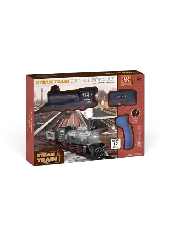 Vintage Remote Control Steam Train Set with Tracks – Battery Operated Toy Train with Locomotive Engine, Cargo Car, and 15-Piece Circular Track for Kids LMI16767
