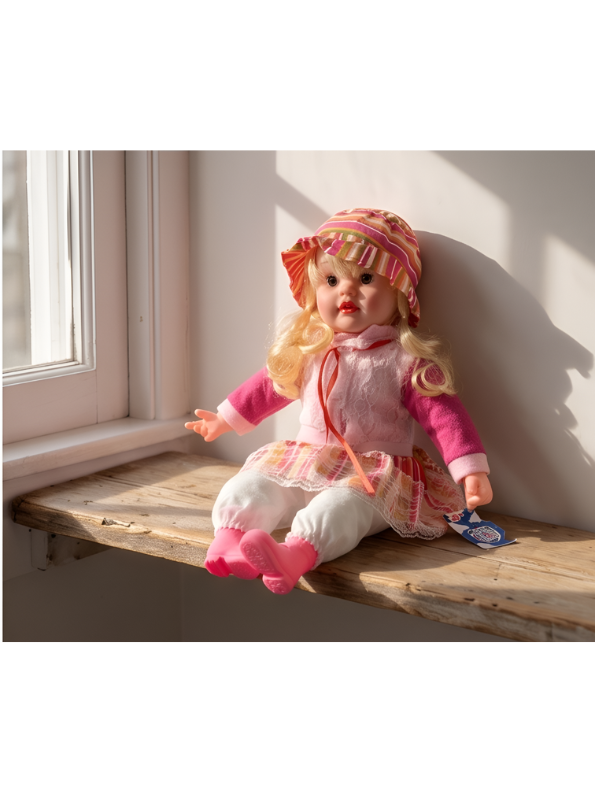 Sitting Baby Doll with Blonde Curls and Bonnet – Realistic Vinyl Princess Toy with Pink Dress, Matching Hat, and Boots – for Toddlers LMI7707