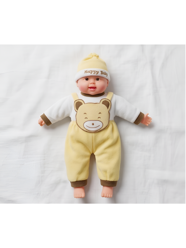 Realistic Soft Body Baby Doll in Yellow Teddy Bear Dungarees and Hat | Lifelike Newborn Toy with Sound Effects for Toddlers LMI7913