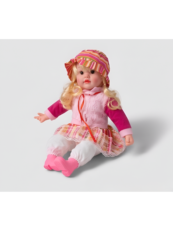 Sitting Baby Doll with Blonde Curls and Bonnet – Realistic Vinyl Princess Toy with Pink Dress, Matching Hat, and Boots – for Toddlers LMI7707