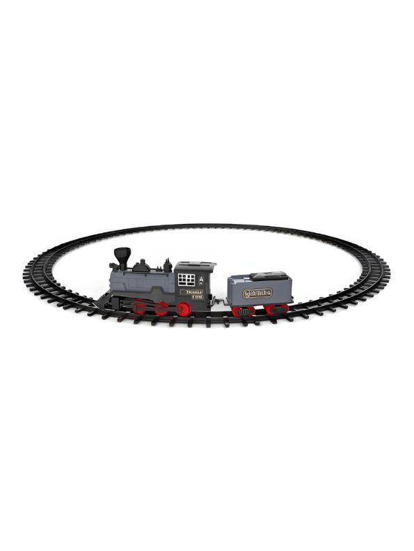 Vintage Remote Control Steam Train Set with Tracks – Battery Operated Toy Train with Locomotive Engine, Cargo Car, and 15-Piece Circular Track for Kids LMI16767