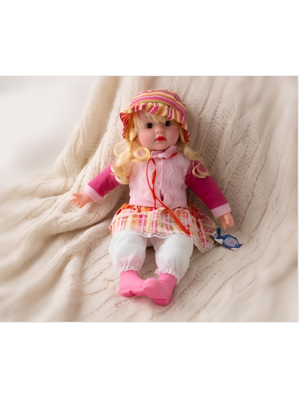 Sitting Baby Doll with Blonde Curls and Bonnet – Realistic Vinyl Princess Toy with Pink Dress, Matching Hat, and Boots – for Toddlers LMI7707
