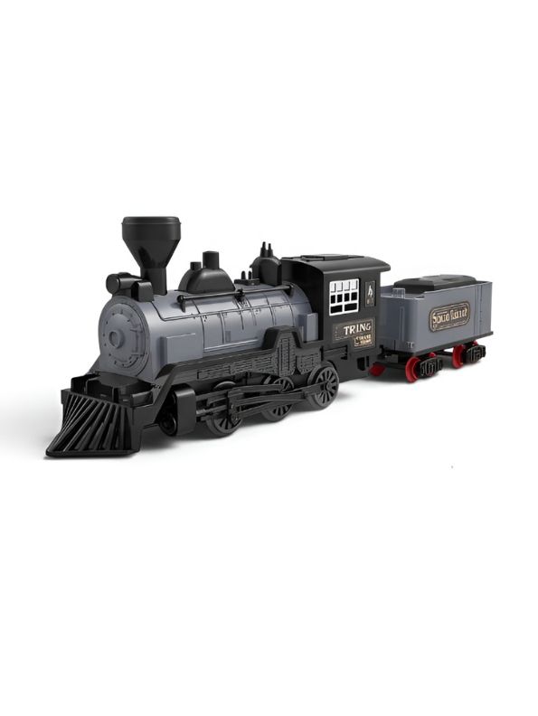 Vintage Remote Control Steam Train Set with Tracks – Battery Operated Toy Train with Locomotive Engine, Cargo Car, and 15-Piece Circular Track for Kids LMI16767