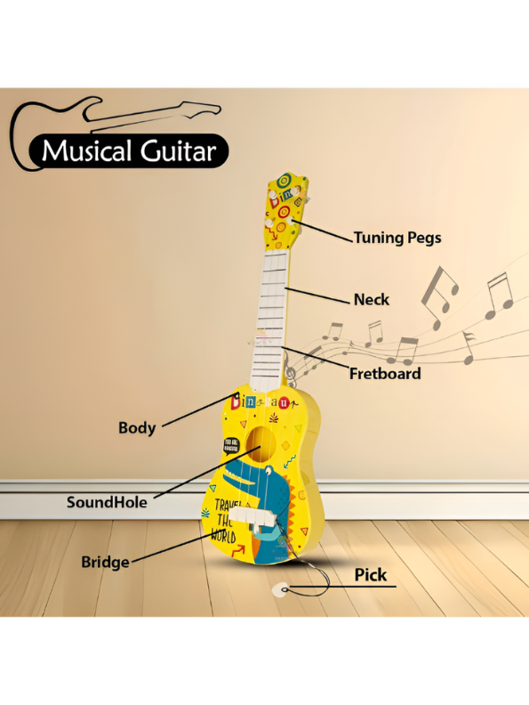 Dinosaur Toy Guitar for Kids – 4-String Mini Ukulele Musical Instrument with Pick, Durable ABS Plastic, Safe Rounded Edges Early Learning Educational Toy for Toddlers LMI14888
