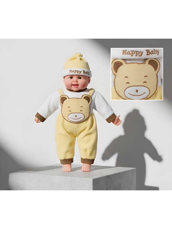 Realistic Soft Body Baby Doll in Yellow Teddy Bear Dungarees and Hat | Lifelike Newborn Toy with Sound Effects for Toddlers LMI7913