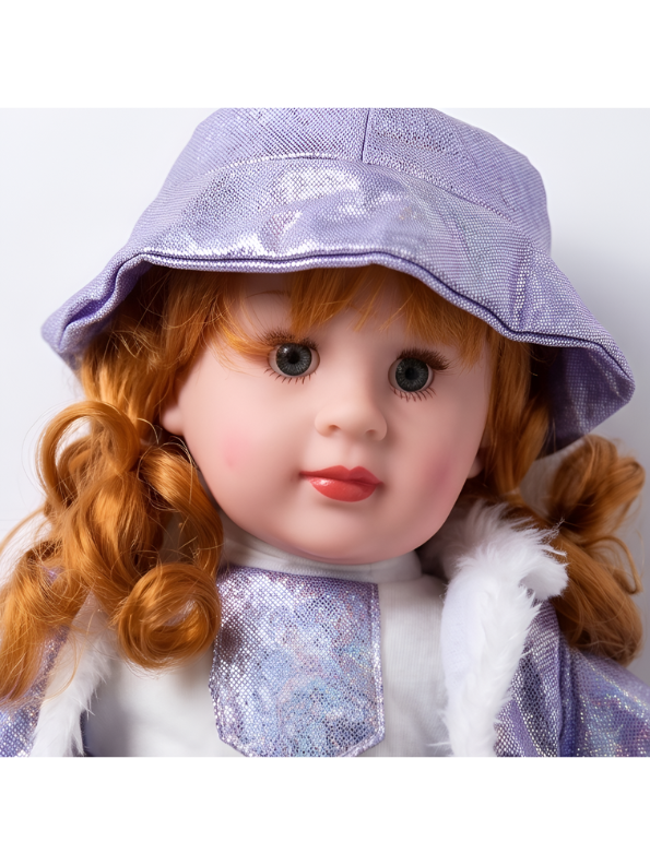 Realistic Girl Doll with Curly Red Hair, Purple Shimmer Jacket, Plaid Skirt, and Matching Bucket Hat Toy Set LMI7707