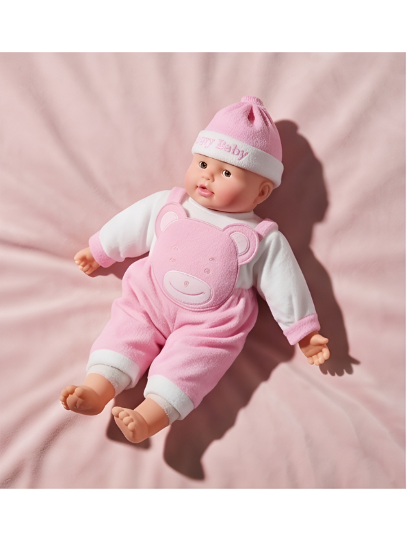 Realistic Soft Body Baby Doll in Pink Teddy Bear Dungarees and Hat | Lifelike Newborn Toy with Sound Effects for Toddlers LMI7913