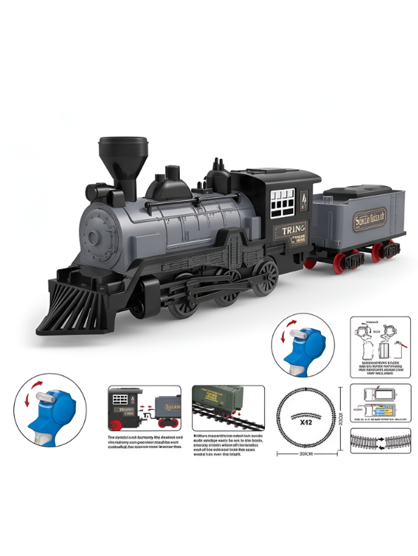 Vintage Remote Control Steam Train Set with Tracks – Battery Operated Toy Train with Locomotive Engine, Cargo Car, and 15-Piece Circular Track for Kids LMI16767