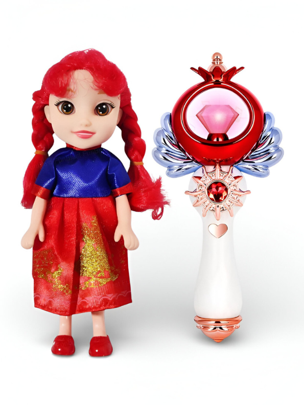 Magical Princess Doll Set with Musical Light-Up Wand | Fairy Tale Pretend Play Toy for Girls, Red Hair Doll | Best Gift for Kids Ages 3+ LMI13756