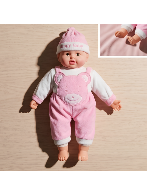 Realistic Soft Body Baby Doll in Pink Teddy Bear Dungarees and Hat | Lifelike Newborn Toy with Sound Effects for Toddlers LMI7913