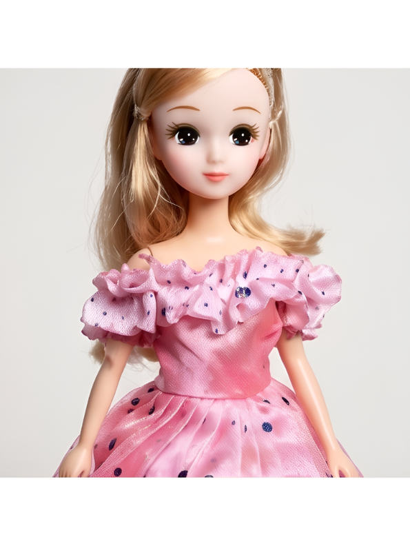 Elegant Pink Polka Dot Doll Dress – Off-Shoulder Ball Gown Fashion Dolls LMI14634