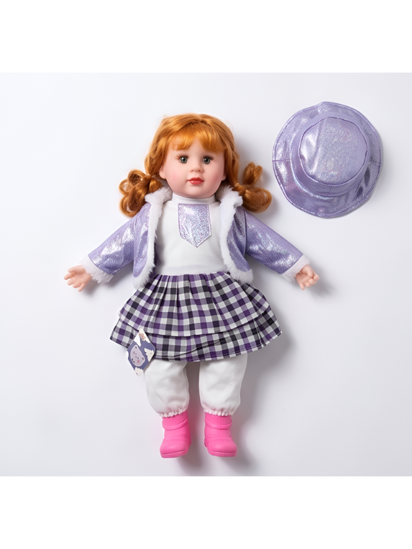 Realistic Girl Doll with Curly Red Hair, Purple Shimmer Jacket, Plaid Skirt, and Matching Bucket Hat Toy Set LMI7707