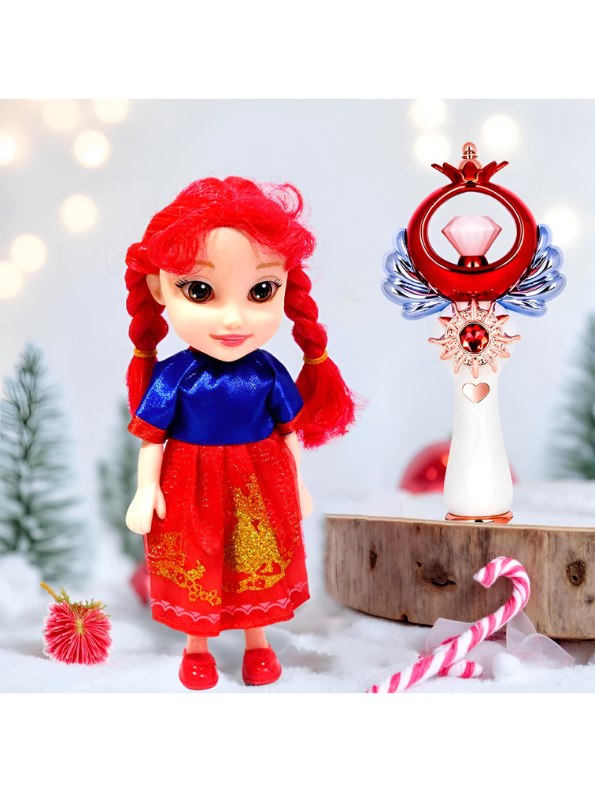 Magical Princess Doll Set with Musical Light-Up Wand | Fairy Tale Pretend Play Toy for Girls, Red Hair Doll | Best Gift for Kids Ages 3+ LMI13756
