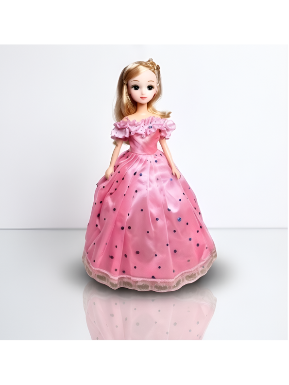 Elegant Pink Polka Dot Doll Dress – Off-Shoulder Ball Gown Fashion Dolls LMI14634