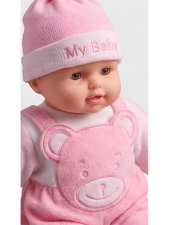 Realistic Soft Body Baby Doll in Pink Teddy Bear Dungarees and Hat | Lifelike Newborn Toy with Sound Effects for Toddlers LMI7913