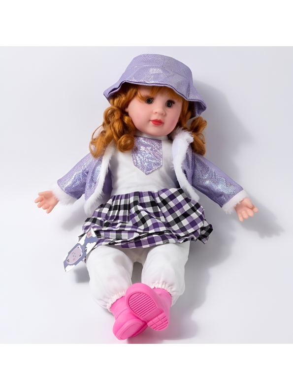 Realistic Girl Doll with Curly Red Hair, Purple Shimmer Jacket, Plaid Skirt, and Matching Bucket Hat Toy Set LMI7707