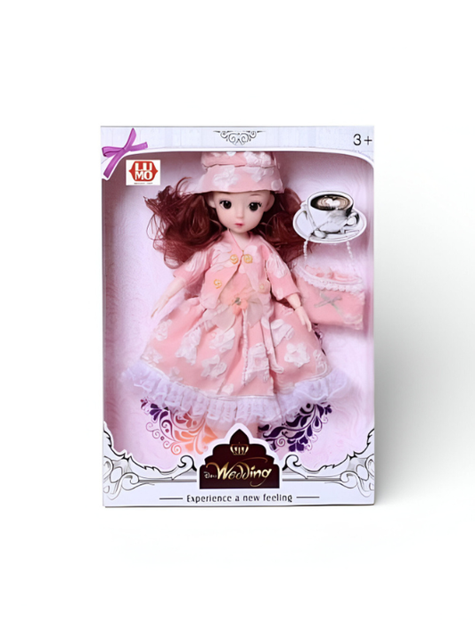 Fashion Wedding Doll for Girls – Pink Floral Tea Party Outfit with Hat, Handbag & Coffee Accessory – Gift Toy for Kids 3+ LMI10447